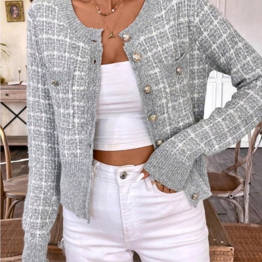 New Chic Plaid Tweed Knit Cardigan Sweater Gray White